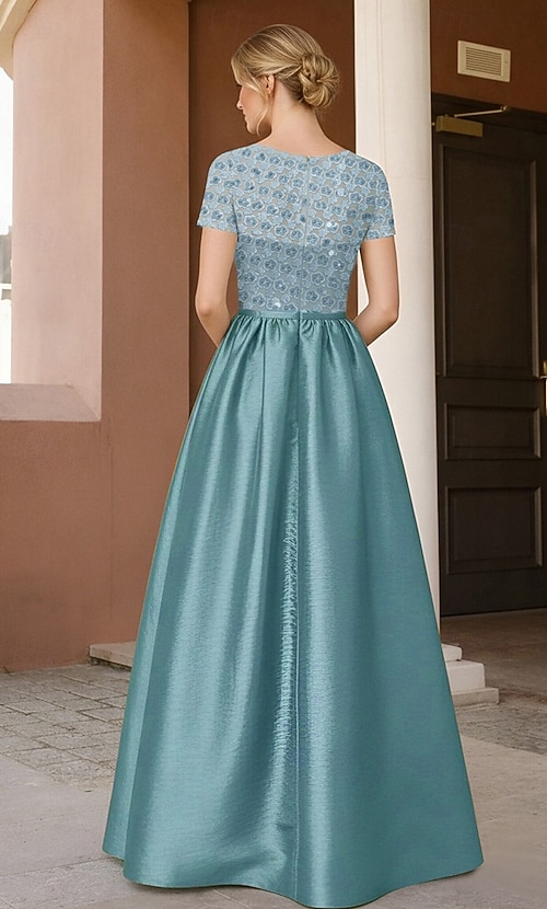 A-Line Floor Length Beaded Eembroidered Formal Dresses Mother of the Bride  Dress Evening Gown Elegant Embellished Semi-formal / Cocktail Short Sleeve  Scoop Neck Evening Party Wedding Taffeta with 2026