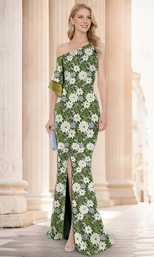 casual trumpet dress Mermaid Floor Length Evening Gown Formal Elegant / Daytime Wedding Semi-formal / Cocktail Half Sleeve One Shoulder Wedding Formal Pocket Chiffon Lace with Ruffles Slit Embroidery 2026 Save this look for Size:3XLarge Worstseller Formal dress a trendy square neckline