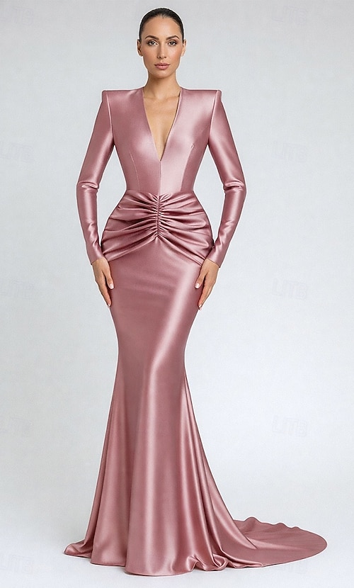 Mermaid Trumpet Sweep Brush Train Evening Gown Elegant Long Sleeve V Neck  Wedding Formal Pink Dress Jersey with Ruched 2026 - 147.99