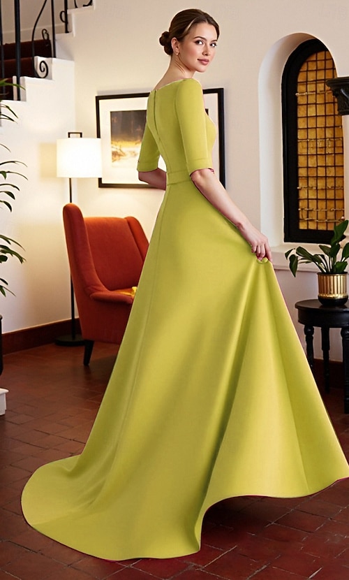 A-Line Sweep Brush Train Wedding Guest Dress Formal Dresses Evening Gown  Mother of the Bride Dress Half Sleeve V Neck Elegant Formal Satin with  Ruffles 2026 - $129.99