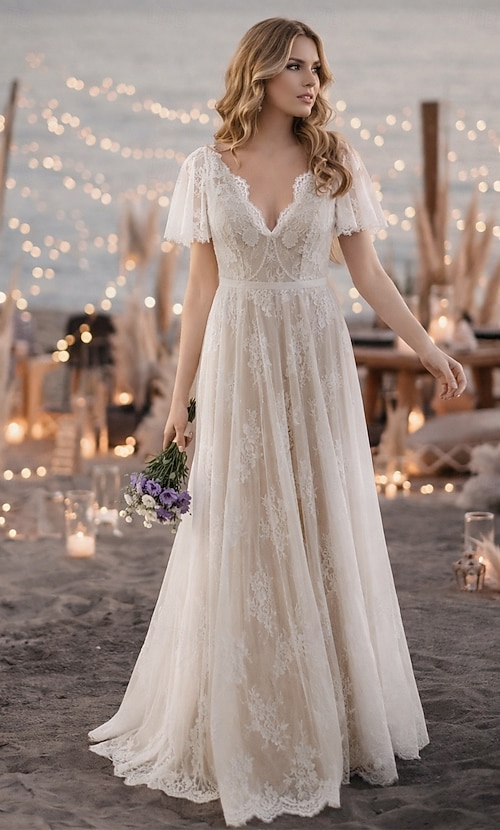 Beach Wedding Beach Sexy Wedding Dresses in Color Boho Wedding Dresses  A-Line V Neck Short Sleeve Sweep / Brush Train Lace Bridal Gowns With  Sashes / Ribbons Sash / Ribbon 2026