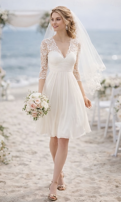 navy blue dress for baby girl Tulle Wedding Dress A-Line/Princess V-Neck Knee-Length With Lace
