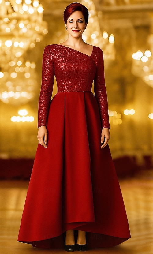 red formal dresses nz A-Line Asymmetrical Floor Length Evening Gown Ball Gown Formal Dress  Elegant Glittering Silky Long Sleeve One Shoulder Wedding Formal Pocket  Satin with Glitter Shawl 2026