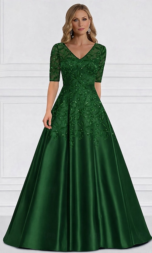 A-Line Floor Length Beaded Eembroidered Wedding Guest Dress Formal Dresses Mother of the Bride Dress Half Sleeve V Neck Elegant Simple Formal Wedding Guest Satin with Lace 2026 - $188.99 A-Line Floor Length Beaded Eembroidered Wedding Guest Dress Formal Dresses Mother of the Bride Dress Half Sleeve V Neck Elegant Simple Formal Wedding Guest Satin with Lace 2026 - $188.99