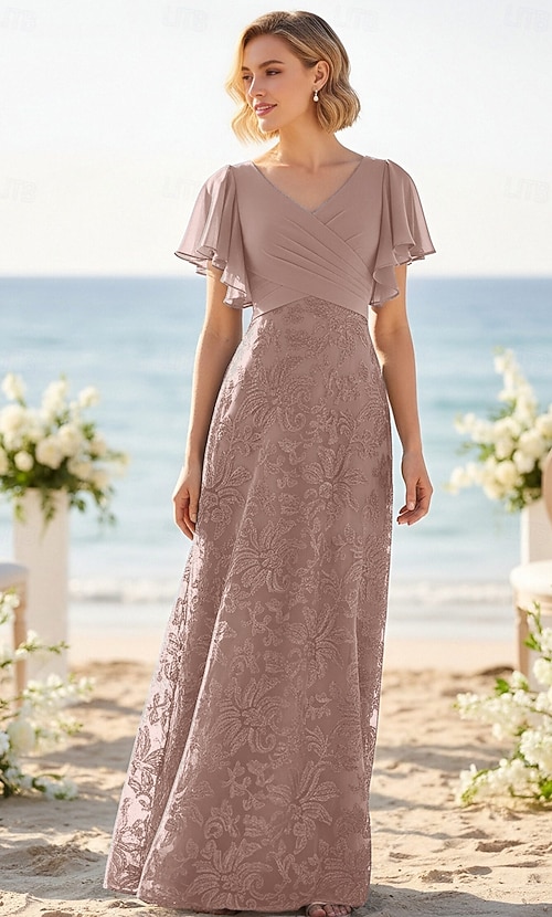 A-Line Floor Length Wedding Guest Dress Formal Dresses Evening Gown Mother of the Bride Dress Short Sleeve V Neck Elegant Formal with Lace Ruched A-Line Floor Length Wedding Guest Dress Formal Dresses Evening Gown Mother of the Bride Dress Short Sleeve V Neck Elegant Formal with Lace Ruched