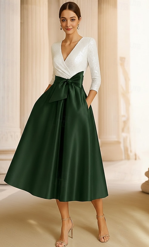 A-Line Tea Length Cocktail Dresses Party Dresses Elegant 3/4 Length Sleeve  V Neck Garden Party Wedding Stretch Satin Sequined with Bow(s) 2026 -  $195.99