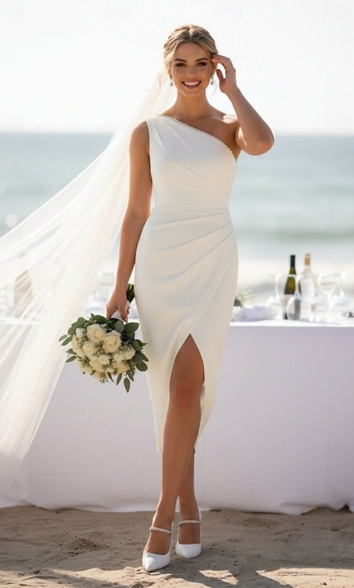 elegant white dress for bridal shower Zapaka Women A-Line Engagement Dress Ivory Mini Square Neckline Long Sleeves Satin Wedding Reception Dress, Ivory / UK10