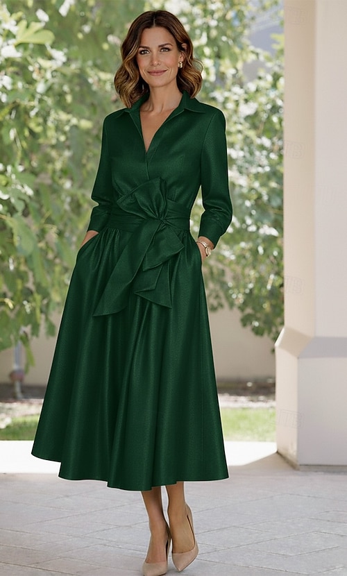 A-Line Tea Length Derby Dress Mother of the Bride Dress Long Sleeve Shirt Collar Elegant Vintage Simple Formal Kentucky Derby Taffeta with Bow(s) A-Line Tea Length Derby Dress Mother of the Bride Dress Long Sleeve Shirt Collar Elegant Vintage Simple Formal Kentucky Derby Taffeta with Bow(s)