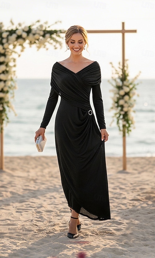 off the shoulder long sleeve wedding guest dress Ever-Pretty High-Slit Chiffon Bridesmaid Dress with Long Sleeves and Waist Pleating