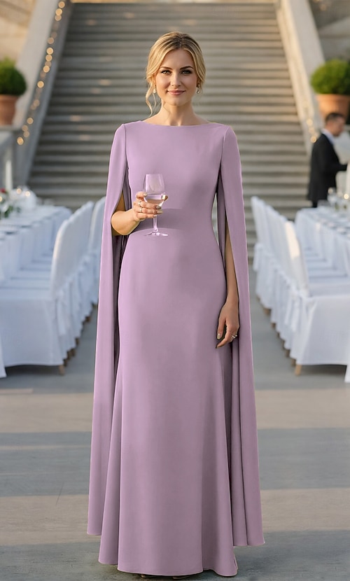 Sheath Column Floor Length Formal Dresses Evening Gown Cape Dress Ball Gown  with Cape Evening Gown Formal Dress Elegant Celebrity Style Long Sleeve  Boat Neck Garden Party Wedding with Solid Color 2026 -