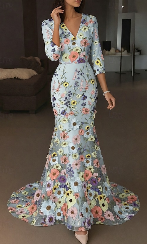 A-Line Floor Length Evening Gown Formal Dress Elegant Vintage Floral Half Sleeve V Neck Wedding Formal Satin Lace with Embroidered Flower Embroidery Appliques 2026 - CHF151 A-Line Floor Length Evening Gown Formal Dress Elegant Vintage Floral Half Sleeve V Neck Wedding Formal Satin Lace with Embroidered Flower Embroidery Appliques 2026 - CHF151