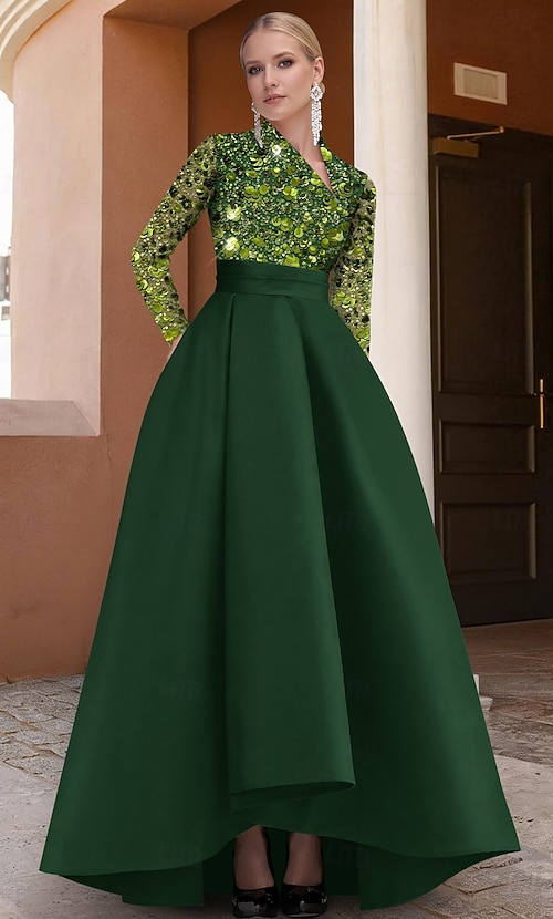 A-Line Asymmetrical Evening Gown Elegant Color Block Glittering Long Sleeve V Neck Wedding Formal Pocket Satin Sequined with Glitter Pocket