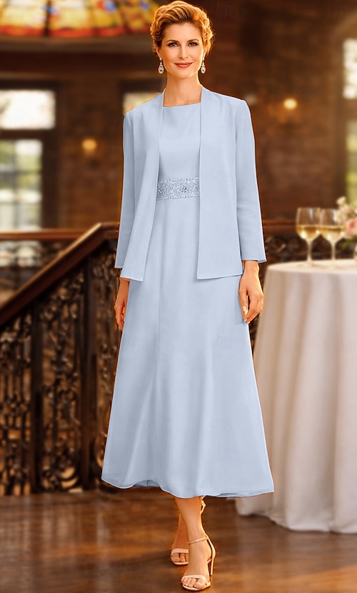 tea length wedding dresses for mother of the bride A Line Satin quarter regular sleeves and delicate beading with sash accents A-line Tea-Length Chiffon Mother of