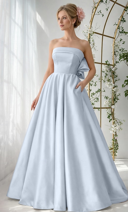 knee length dresses for ladies Sky Blue Satin Prom Dresses Sheath/Column Off The Shoulder Minimalist Slit  Stretch Satin Long Prom Dresses main image 1