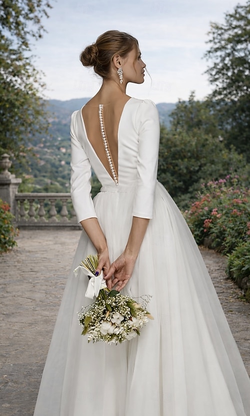 A-Line Tea Length Wedding Dresses Bridal Shower Dresses Bridal Gown Vintage  1940s / 1950s Little White Dresses 3/4 Length Sleeve V Neck Graduation  Birthday Satin Tulle with Solid Color 2026 - $109.99
