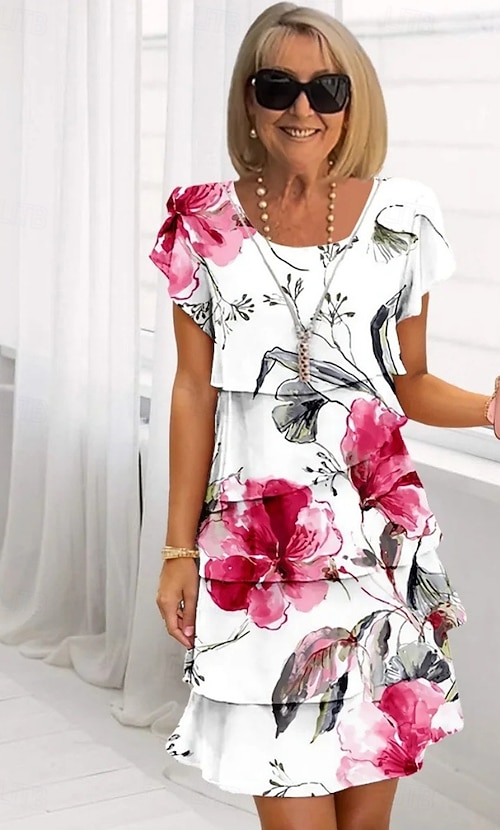 Women's Midi Dress Chiffon Dress Summer Dress Print Dress Elegant Daily  Regular Fit Floral Geometric Short Sleeve Crew Neck Light Yellow Bright pink  Dusty Rose Red Summer 2026 - 30.99
