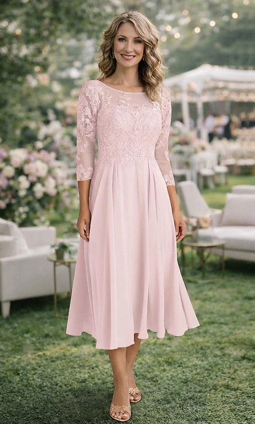 A-Line Ankle Length Party Dress Cocktail Dress Wedding Guest Dress Mother  of the Bride Dress 3/4 Length Sleeve Crew Neck Elegant Wedding Guest  Engagement Party Chiffon with Pleats Appliques 2026 - $169.99