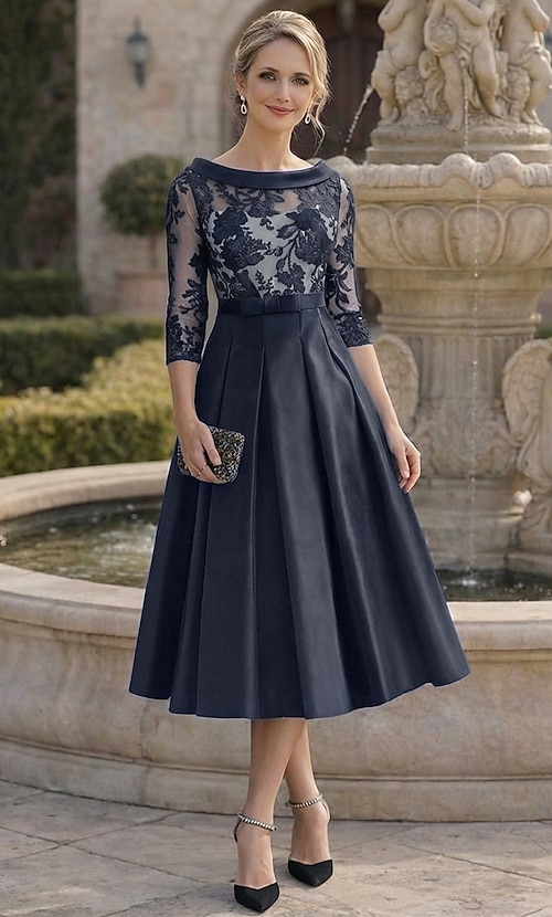 A-Line Ankle Length Party Dress Cocktail Dress Wedding Guest Dress Mother  of the Bride Dress 3/4 Length Sleeve Jewel Neck Elegant Floral Mother  Formal Kentucky Derby Satin with Pleats Appliques 2026 - $173.99