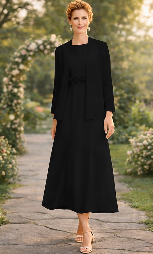 Two Piece Sheath Column Tea Length Wedding Guest Dress Mother of