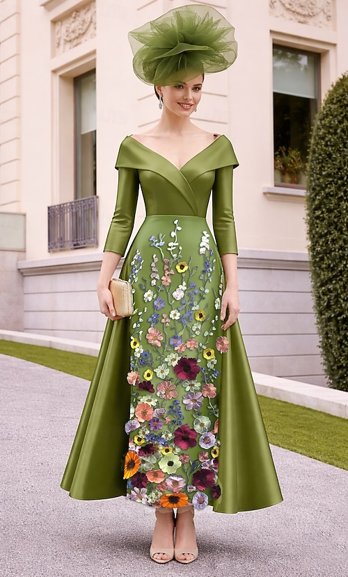 A-Line Tea Length Formal Dresses Mother of the Bride Dress Cocktail Dresses Elegant Vintage Floral Half Sleeve Boat Neck Garden Party Wedding Stretch Satin with Embroidered Flower Embroidery 2026