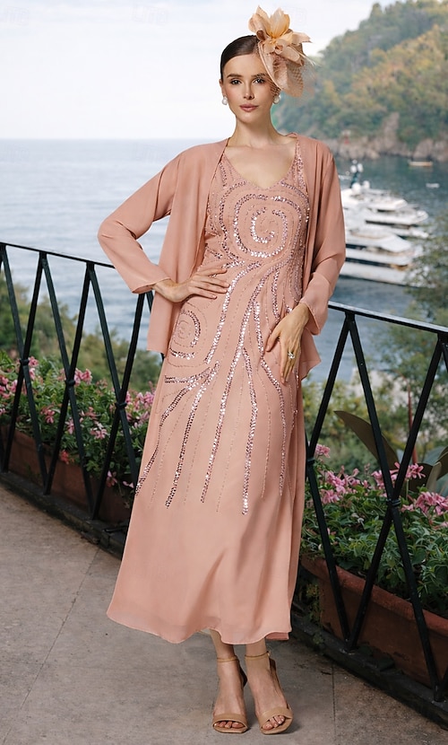 Two Piece Sheath Column Ankle Length Beaded Eembroidered Wedding Guest Dress  Formal Dresses Mother of the Bride Dress Long Sleeve V Neck Elegant Sparkle  & Shine Wedding Guest Semi Formal Chiffon 2026 -