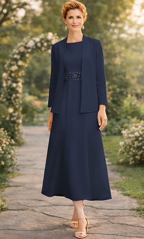 tea length navy blue mother of the bride dress With Jacket Two Piece Sheath Column Tea Length Size:28W Evening dresses elegant Black Sunday Dress - 3/4 Sleeves;Back Style
