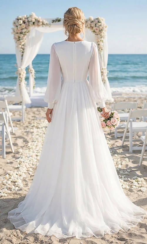 Beach Wedding Bridal Shower Little White Dress Bridal Shower Dresses Casual  Wedding Dresses A-Line V Neck Long Sleeve Asymmetrical Chiffon Bridal Gowns  With Solid Color 2026 - 150.99