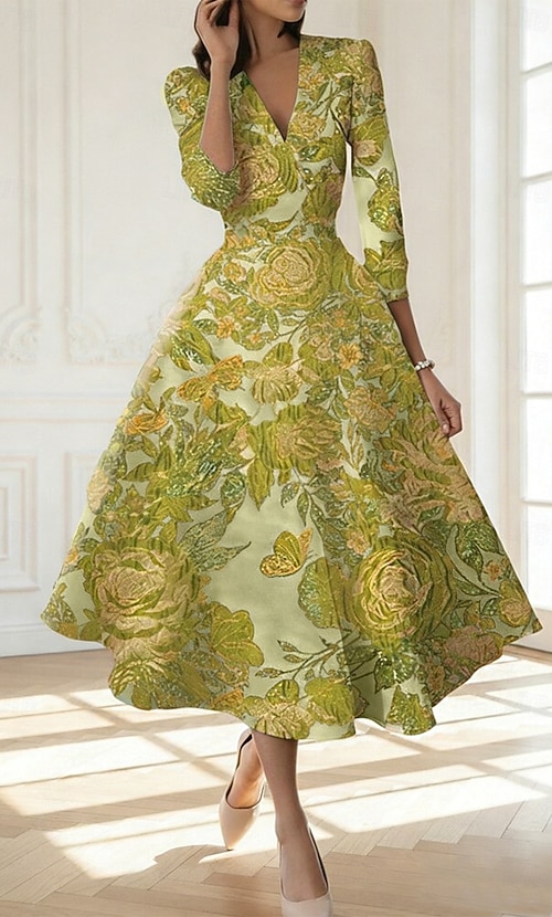 A-Line Ankle Length Cocktail Dresses Elegant Floral 3/4 Length Sleeve V Neck Wedding Formal Jacquard with Floral Print Pleats 2026 - $169.99 A-Line Ankle Length Cocktail Dresses Elegant Floral 3/4 Length Sleeve V Neck Wedding Formal Jacquard with Floral Print Pleats 2026 - $169.99