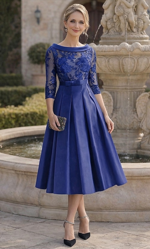 A-Line Ankle Length Party Dress Cocktail Dress Wedding Guest Dress Mother  of the Bride Dress 3/4 Length Sleeve Jewel Neck Elegant Floral Mother  Formal Kentucky Derby Satin with Pleats Appliques 2026 - $173.99