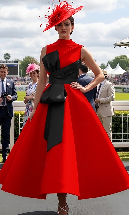 Ball Gown Ankle Length Prom Dresses Evening Gown Ball Gown Formal Dress  Elegant 1950s Color Block Sleeveless High Neck Prom Wedding Guest Satin  with Bow(s) 2026 - $172.99