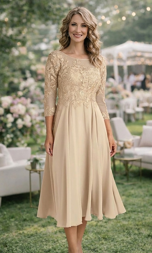 A-Line Ankle Length Party Dress Cocktail Dress Wedding Guest Dress Mother  of the Bride Dress 3/4 Length Sleeve Crew Neck Elegant Wedding Guest  Engagement Party Chiffon with Pleats Appliques 2026 - NZ $327.49