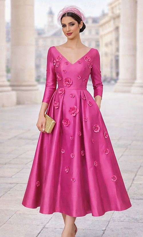pink ankle length dress A-Line Ankle Length Cocktail Dresses Elegant Floral Short Sleeve V Neck  Evening Party Wedding Pink Dress Satin V Back with Embroidered Flower  Pleats Appliques 2026