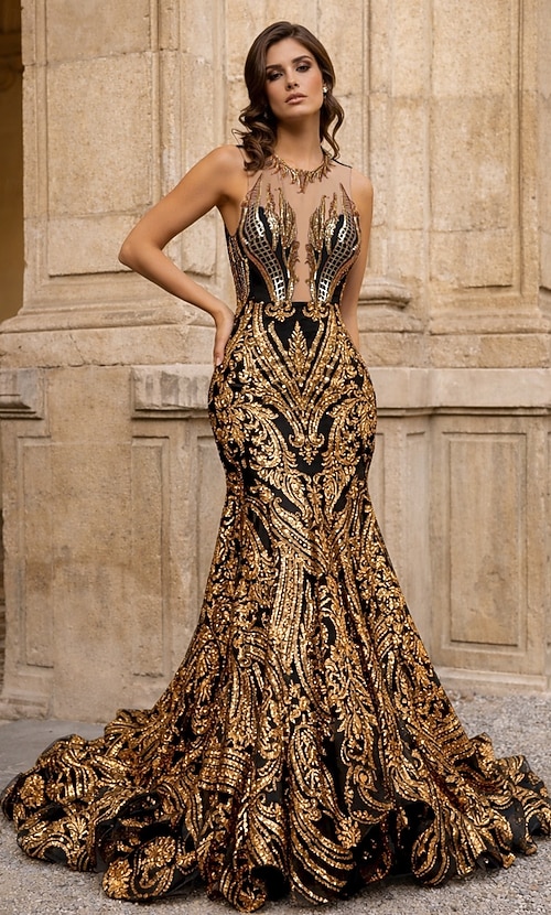dress black gold illusion Stone Metallic Embroidery Gown – Tadashi Shoji Official Online Boutique