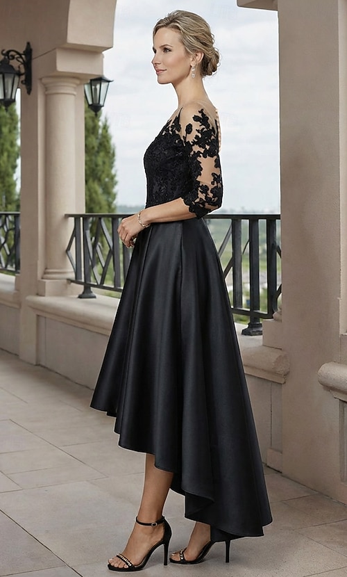 dress for attending birthday party A-Line Asymmetrical Tea Length Party Dress Cocktail Dress Wedding Guest Dress Mother of the Bride Dress 3 4 Length Sleeve Scoop Neck Elegant High Low
