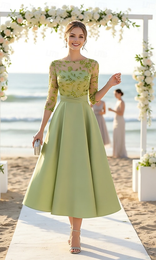 pastel tea length dresses Long Sleeves Floral Lace Tea Length Prom Dresses