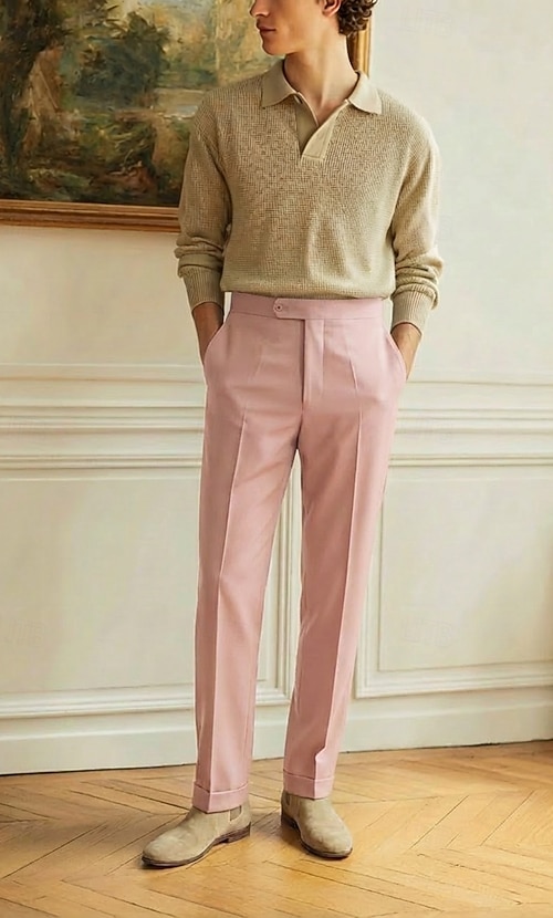 Men's Cotton Linen Dress Pants Casual Pants Streetwear Business Fashion  Classic Casual Daily Pink Dark Navy Ocean Blue Solid Color Regular Fit Long  Inelastic 2026 - 36.99