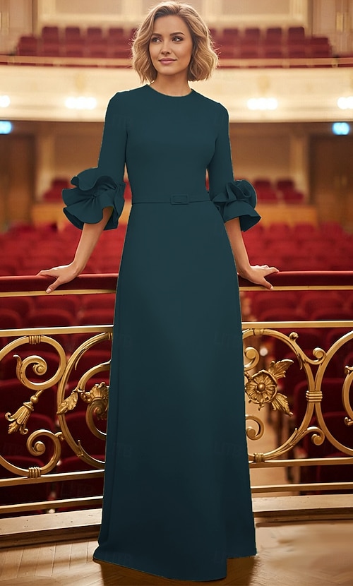 elegant evening dresses nz A-Line Floor Length Wedding Guest Dress Formal Dresses Evening Gown Mother  of the Bride Dress 3/4 Length Sleeve Crew Neck Elegant Formal with Ruffles  2026