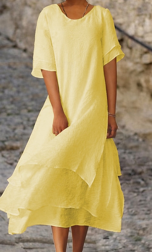 Women's Midi Dress 100% Cotton Cotton Dresses Kaftan Dress White Dress  Basic Casual Daily Outdoor Vacation Loose Fit Pure Color Long Sleeve Crew  Neck Light Pink White Summer Spring Fall Autumn 2026 - 30.99