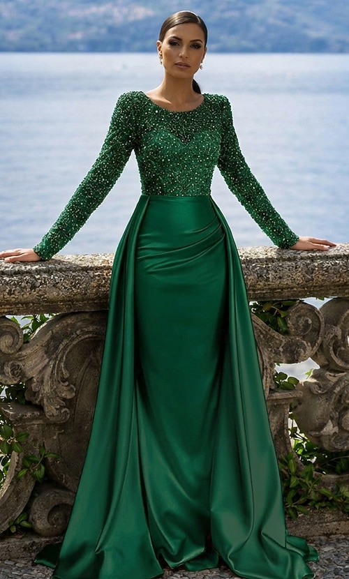 long sleeve black bridesmaid dresses Berylove Women Dark Blue Bridesmaid Dress Square Neck Chiffon Long Sleeves Sheath Long Wedding Guest Dress with Slit, Black / US6
