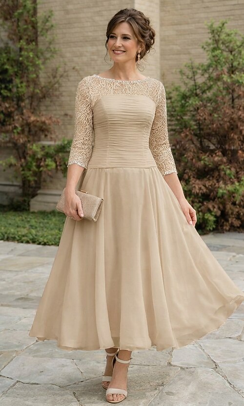 A-Line Ankle Length Party Dress Cocktail Dress Wedding Guest Dress Mother of the Bride Dress 3/4 Length Sleeve Jewel Neck Elegant Wedding Guest Chiffon Lace with Sequin Ruching 2026