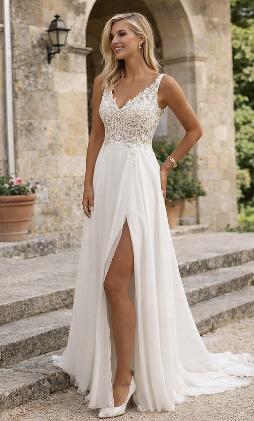 Beach Wedding Dresses A-Line V Neck Sleeveless Floor Length Chiffon Bridal  Gowns With Appliques Split Front 2026 - $264.49
