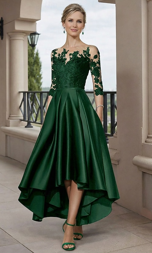 a-line scoop neck asymmetrical satin evening dress A-line Satin Scoop Neck Red Long Prom Dress Formal Dress PSK356 US8 / Navy Blue main image 1