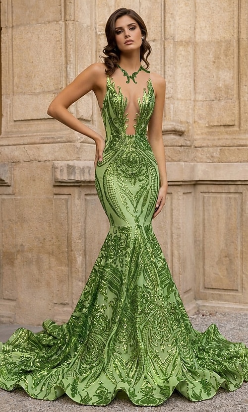 Mermaid Trumpet Court Train Prom Dresses Evening Gown Ball Gown Formal Dress  Elegant Sleeveless Illusion Neck Carnival Formal African American Sequined  with Sequin 2026 - CAD $411.99