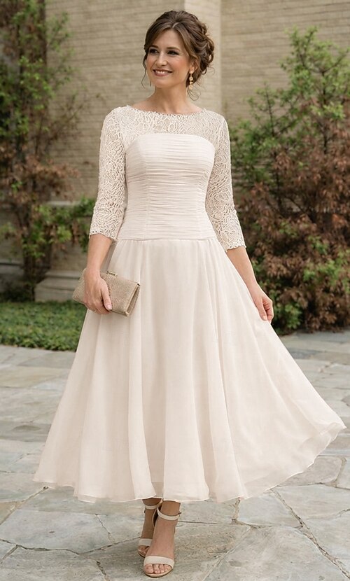 cocktail dress ankle length A-Line Party Dress Wedding Guest Dress Mother of the Bride Dress 3/4 Length Sleeve Jewel Neck Elegant Wedding Guest Chiffon Lace with Sequin Ruching 2026 Lavetir sells a large Web Collection: Birthday Dresses Style M2561 A-Line Wedding Your Height:175cm - 180cm