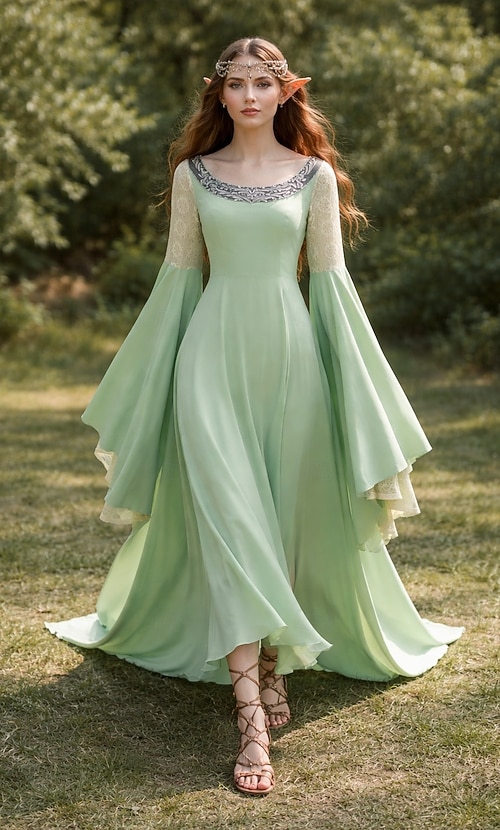 arwen dress green Medieval Renaissance Fancy Costume Elf Elven Fancy Dress Women's Fantasy Halloween Party Performance Adults Dress Crown Headwear 2026 Category1: plus