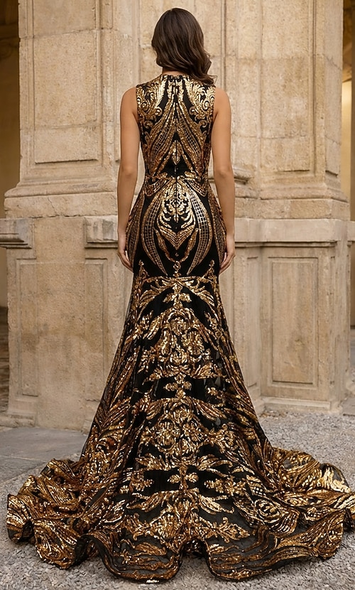 black and gold trumpet dress Asymmetric One-Shoulder Brocade Trumpet Gown with 3/4 Sleeve
