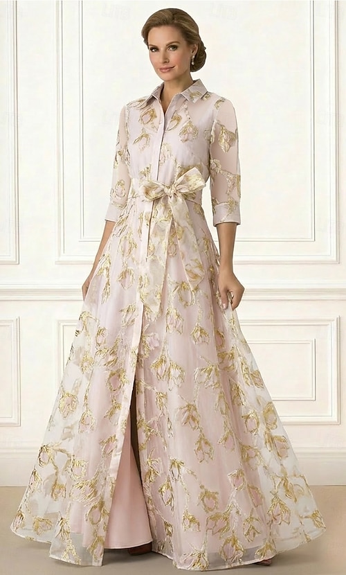 A-Line Floor Length Shirt Dress Wedding Guest Dress Formal Dresses Mother of the Bride Dress 3/4 Length Sleeve Shirt Collar Elegant Simple Formal Organza Jacquard with Bow(s) 2026 - $185.3 A-Line Floor Length Shirt Dress Wedding Guest Dress Formal Dresses Mother of the Bride Dress 3/4 Length Sleeve Shirt Collar Elegant Simple Formal Organza Jacquard with Bow(s) 2026 - $185.3
