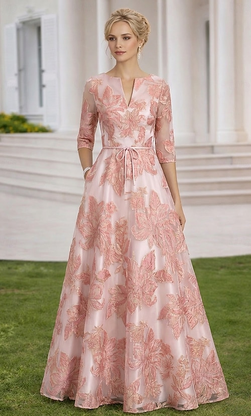 3 4 sleeve maxi dresses for wedding guest Tmoyzq Women's Elegant Floral Lace 3/4 Sleeve Wedding Guest Maxi Dress V Neck A-Line Formal Evening Party Dresses Bridesmaid Dress Prom Gowns