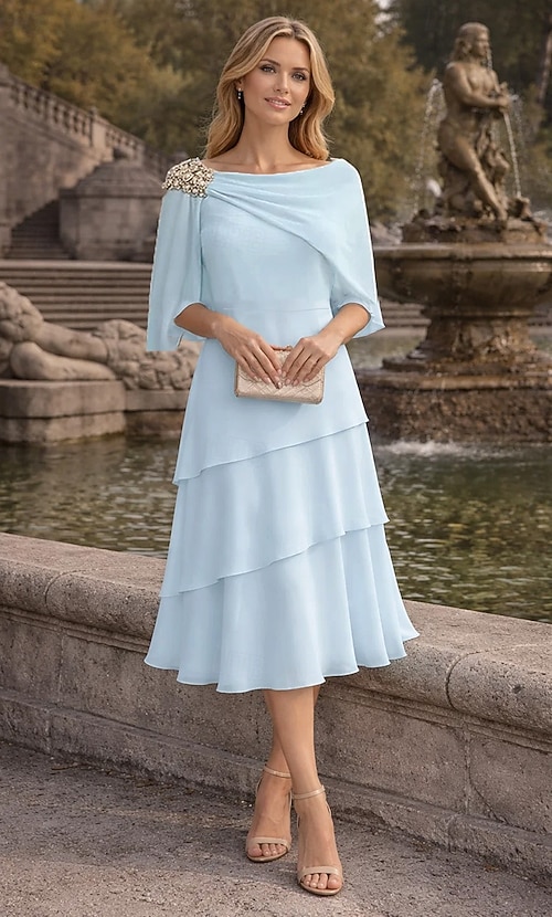 wedding guest dress sheer sleeves Elegant Tea Length Wedding Guest Dress Attire With Embroidery Sheer Sleeves - $74.4768 #S1515