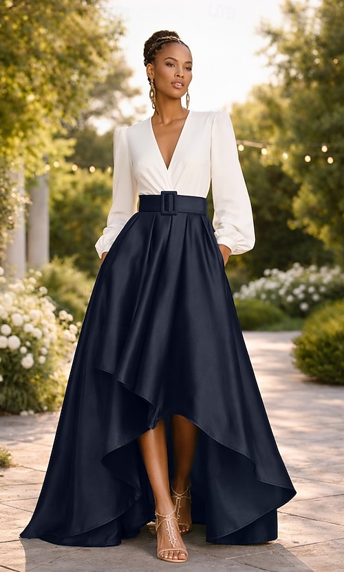 A-Line Asymmetrical Cocktail Dresses Evening Gown Ball Gown Formal Dress  Elegant Color Block High Low 3/4 Length Sleeve V Neck Formal Wedding Guest  Satin with Ruched 2026 - $172.99